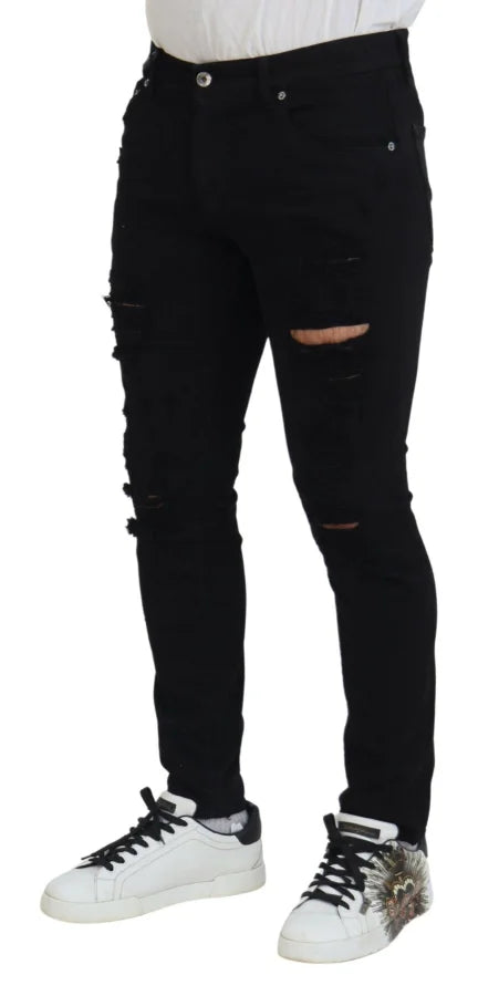 Dolce &amp; Gabbana Black Slim Fit Tattered Denim Cotton Jeans