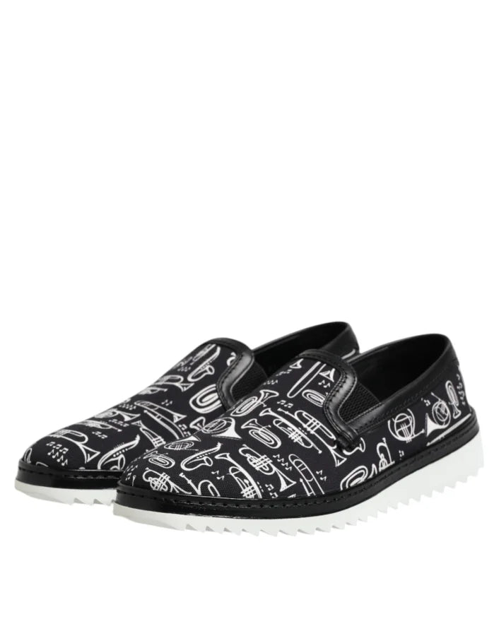 Dolce &amp; Gabbana Black Slip On Printed Men Loafers Shoes