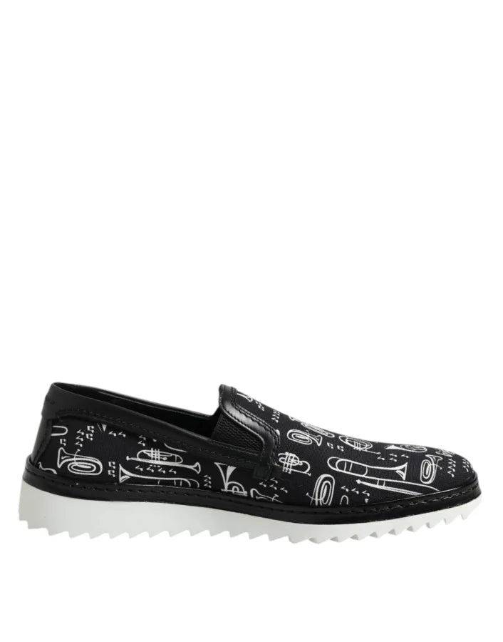 Dolce &amp; Gabbana Black Slip On Printed Men Loafers Shoes