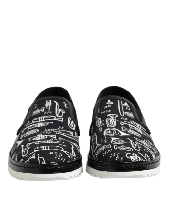 Dolce &amp; Gabbana Black Slip On Printed Men Loafers Shoes