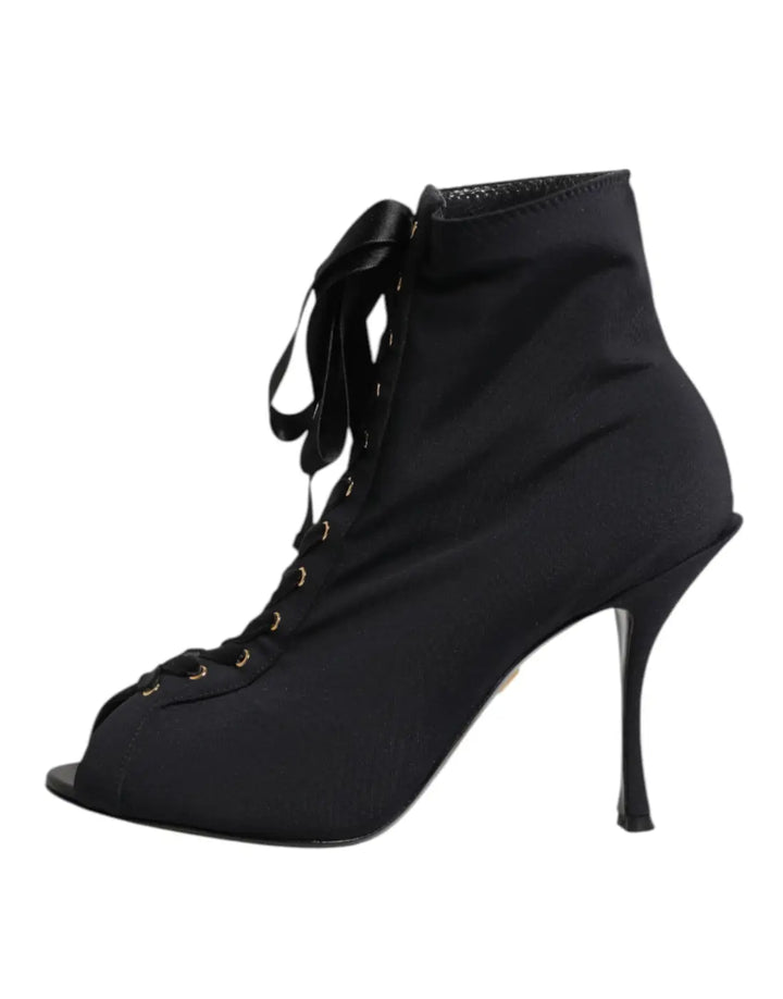 Dolce &amp; Gabbana Black Stiletto Heels Lace Up Boots Shoes