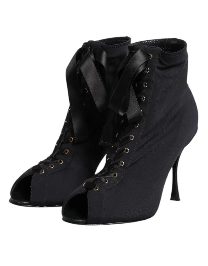 Dolce &amp; Gabbana Black Stiletto Heels Lace Up Boots Shoes