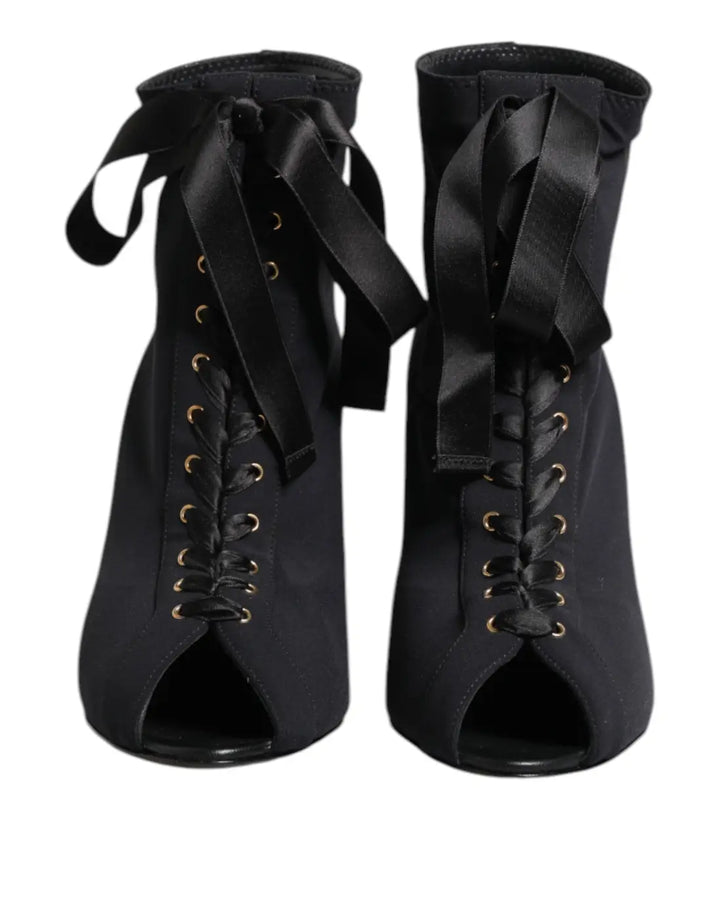 Dolce &amp; Gabbana Black Stiletto Heels Lace Up Boots Shoes