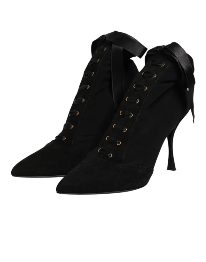 Dolce &amp; Gabbana Black Stiletto Heels Lace Up Boots Shoes