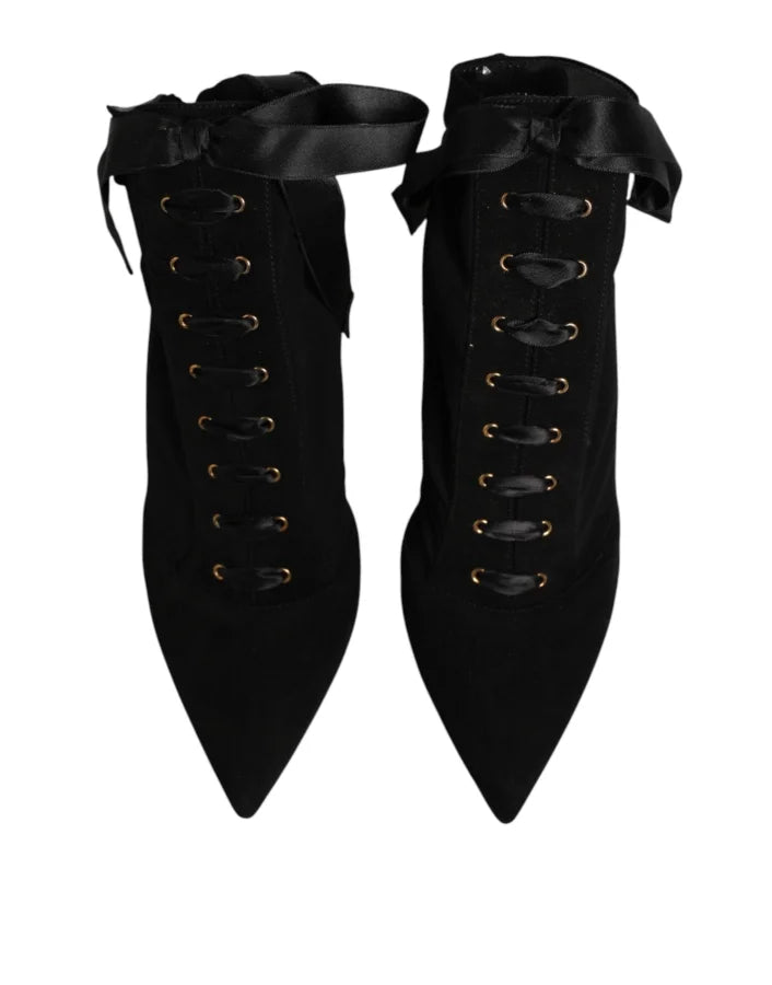 Dolce &amp; Gabbana Black Stiletto Heels Lace Up Boots Shoes