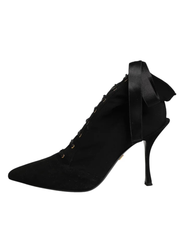 Dolce &amp; Gabbana Black Stiletto Heels Lace Up Boots Shoes