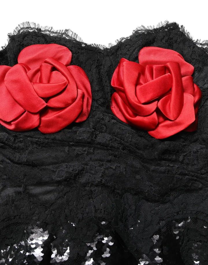 Dolce &amp; Gabbana Black Strapless Red Rose Sequined Midi Dress