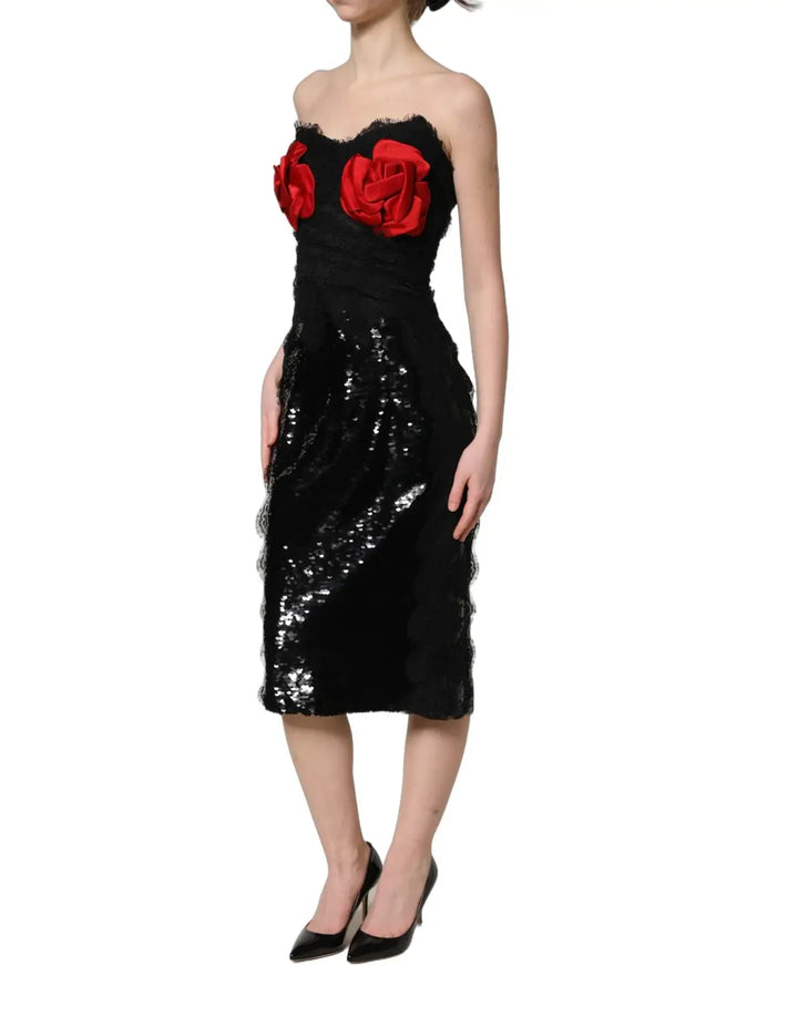 Dolce &amp; Gabbana Black Strapless Red Rose Sequined Midi Dress