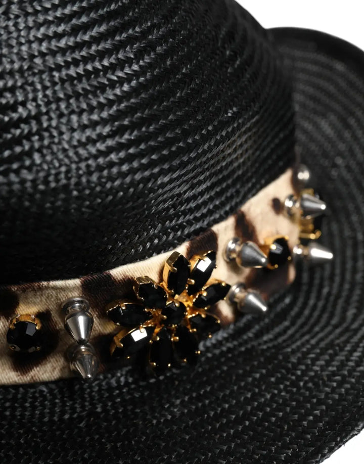 Dolce &amp; Gabbana Black Straw Crystal Embellished Wide Brim Hat