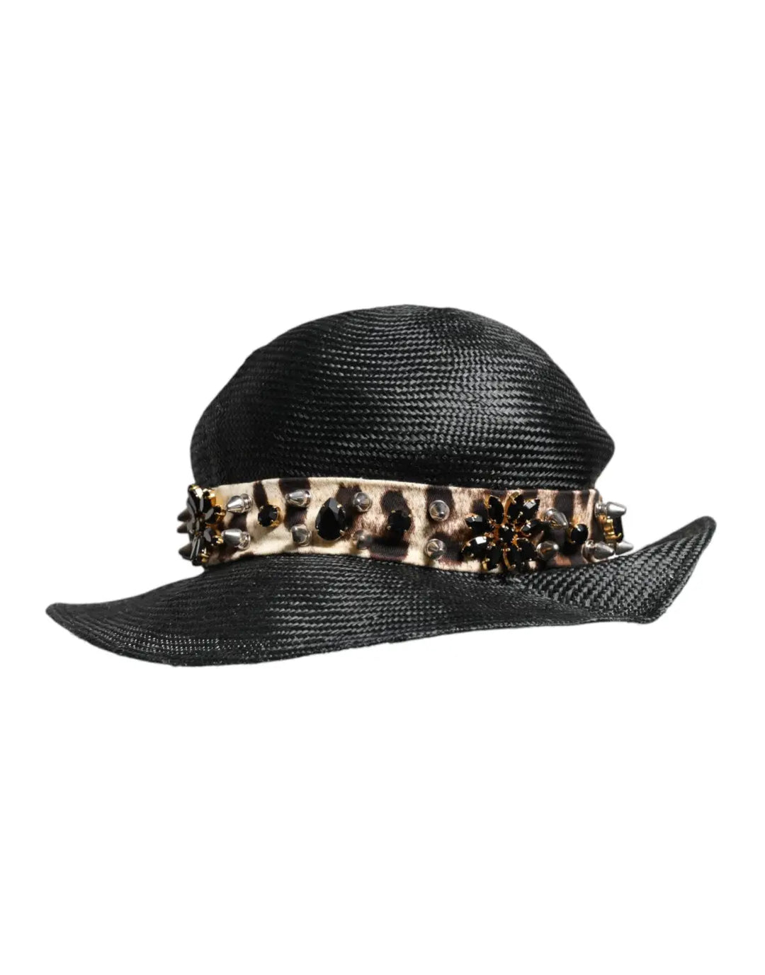 Dolce &amp; Gabbana Black Straw Crystal Embellished Wide Brim Hat