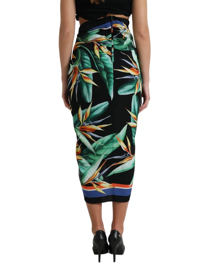 Dolce &amp; Gabbana Black Strelitzia High Waist Wrap Midi Skirt