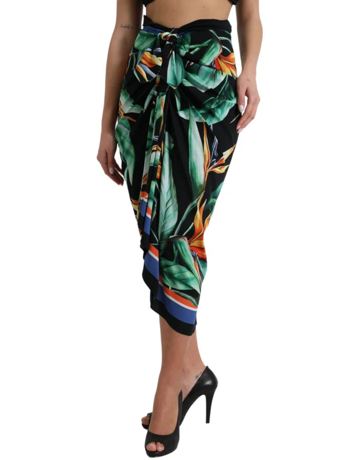 Dolce &amp; Gabbana Black Strelitzia High Waist Wrap Midi Skirt