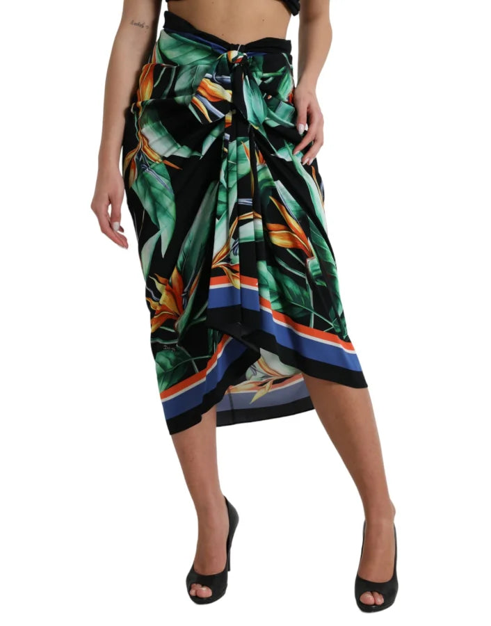 Dolce &amp; Gabbana Black Strelitzia High Waist Wrap Midi Skirt