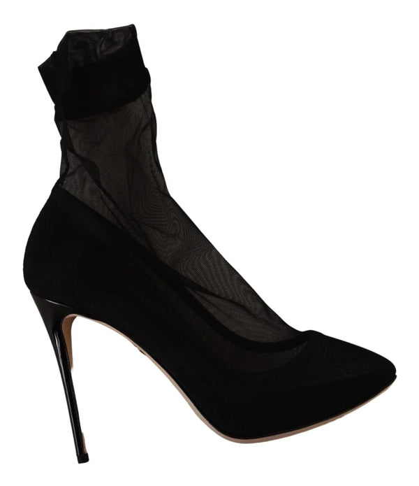 Dolce & Gabbana Black Stretch Tulle Boots Shoes