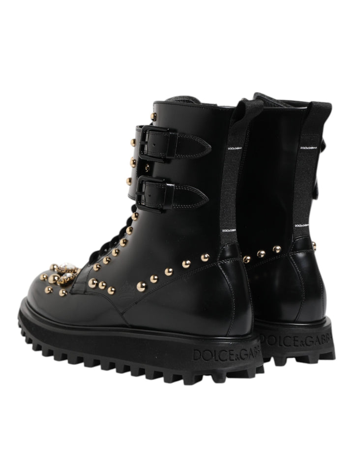 Dolce &amp; Gabbana Black Studded Lace Up Mid Calf Boots Shoes