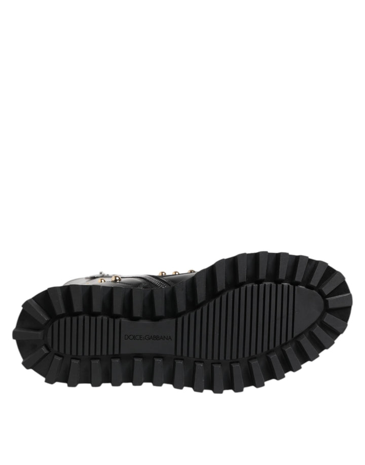 Dolce &amp; Gabbana Black Studded Lace Up Mid Calf Boots Shoes