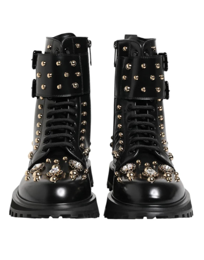 Dolce &amp; Gabbana Black Studded Lace Up Mid Calf Boots Shoes
