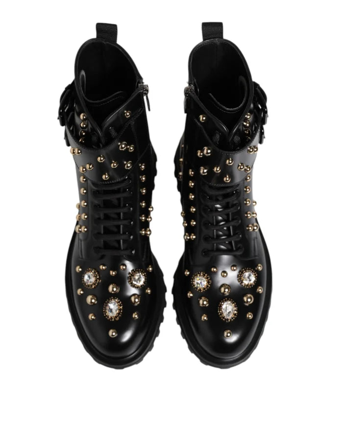 Dolce &amp; Gabbana Black Studded Lace Up Mid Calf Boots Shoes