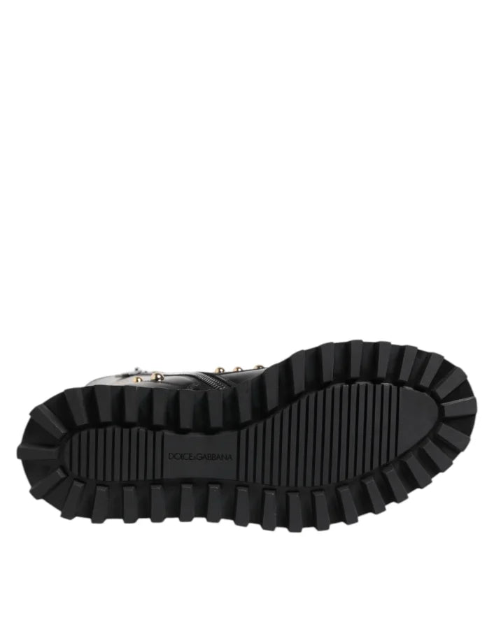 Dolce &amp; Gabbana Black Studded Lace Up Mid Calf Boots Shoes