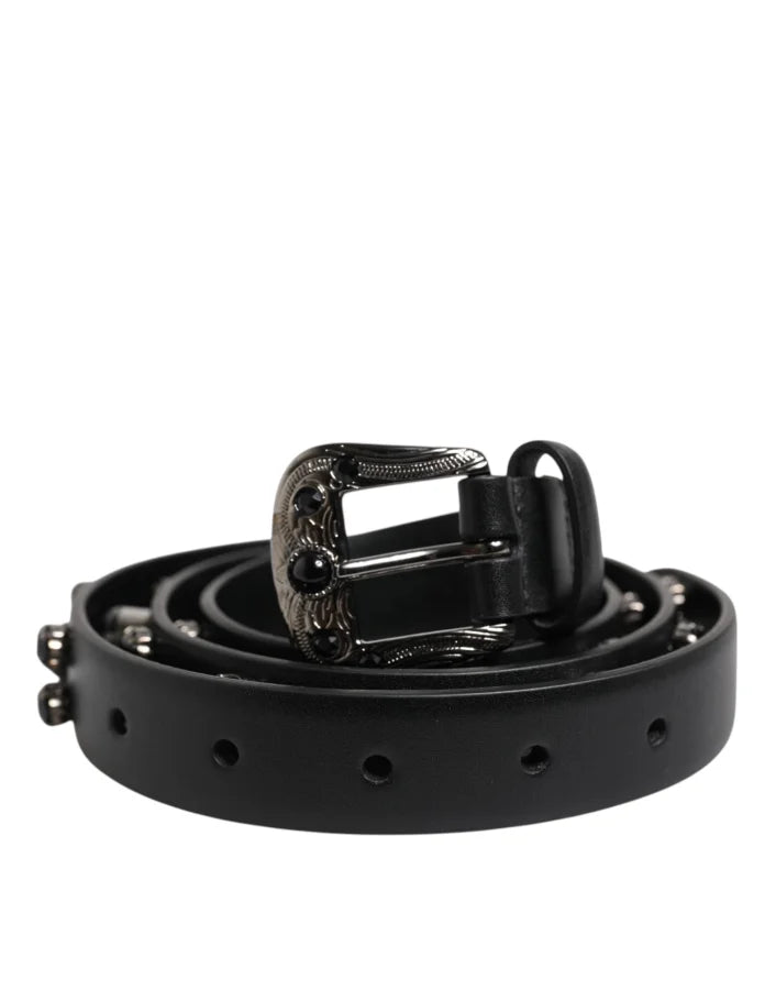 Dolce &amp; Gabbana Black Studded Leather Metal Logo Buckle Belt