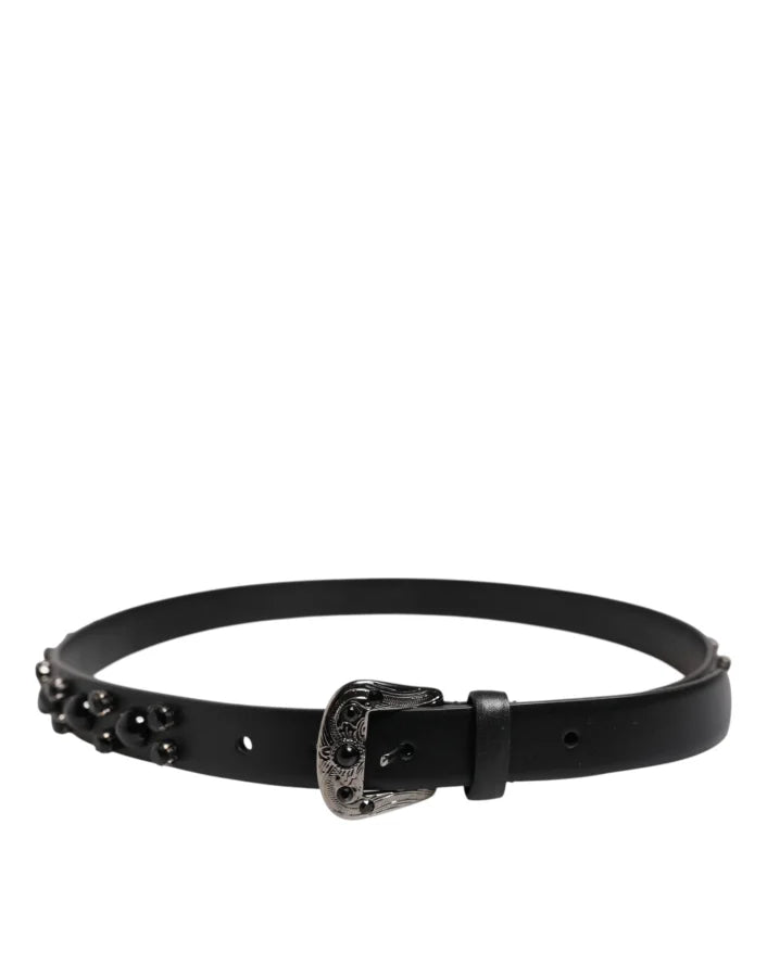 Dolce &amp; Gabbana Black Studded Leather Metal Logo Buckle Belt