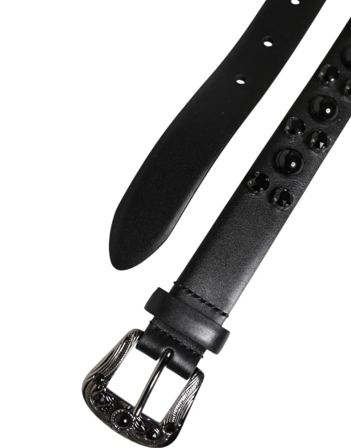 Dolce &amp; Gabbana Black Studded Leather Metal Logo Buckle Belt
