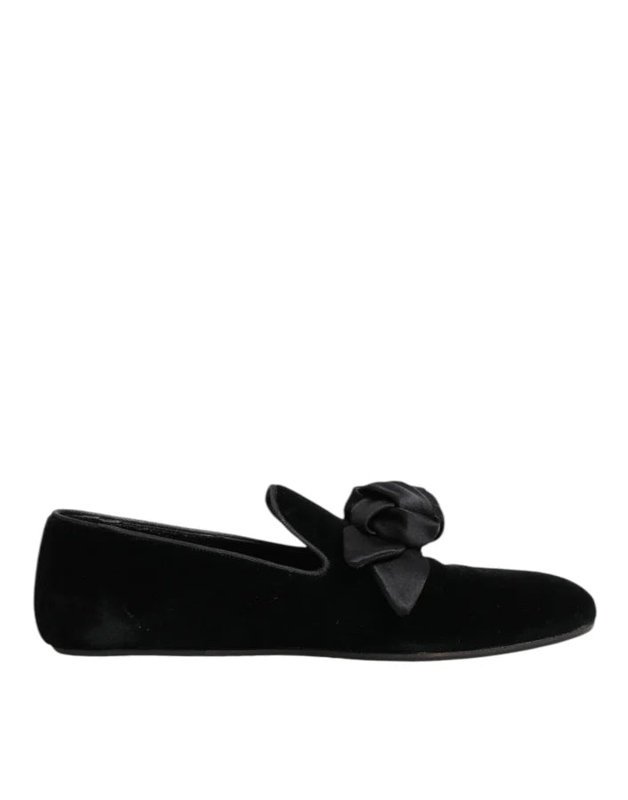 Dolce &amp; Gabbana Black Suede Cotton Rose Slip On Loafers Shoes