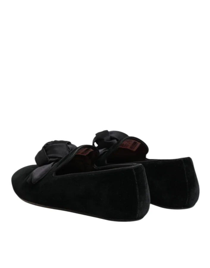 Dolce &amp; Gabbana Black Suede Cotton Rose Slip On Loafers Shoes
