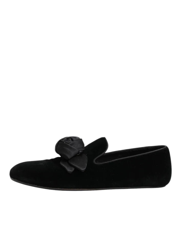 Dolce &amp; Gabbana Black Suede Cotton Rose Slip On Loafers Shoes