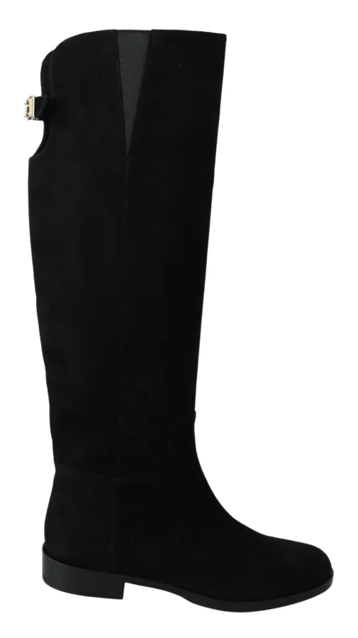 Dolce &amp; Gabbana Black Suede Knee High Flat Boots Shoes