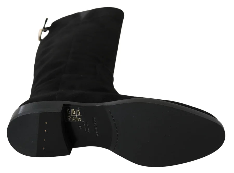 Dolce &amp; Gabbana Black Suede Knee High Flat Boots Shoes