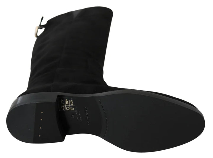 Dolce &amp; Gabbana Black Suede Knee High Flat Boots Shoes
