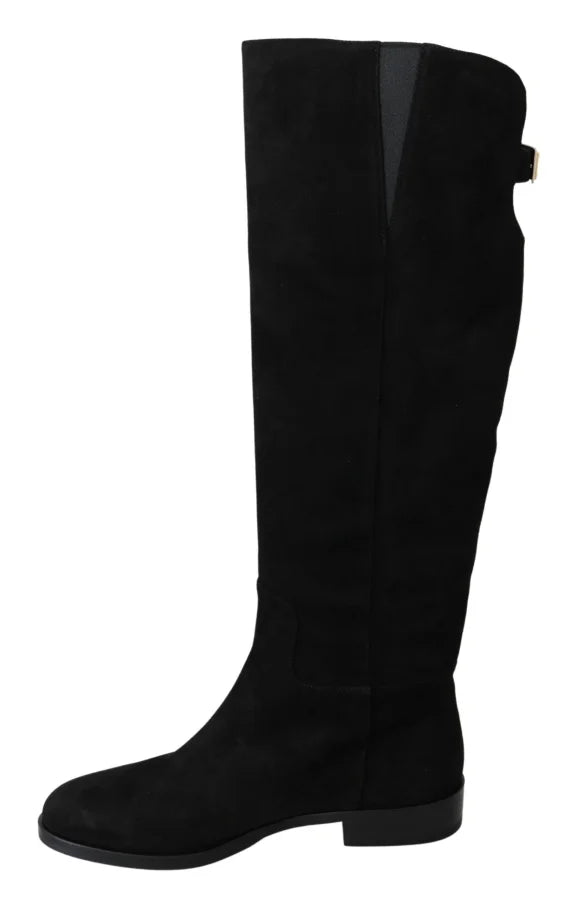 Dolce &amp; Gabbana Black Suede Knee High Flat Boots Shoes