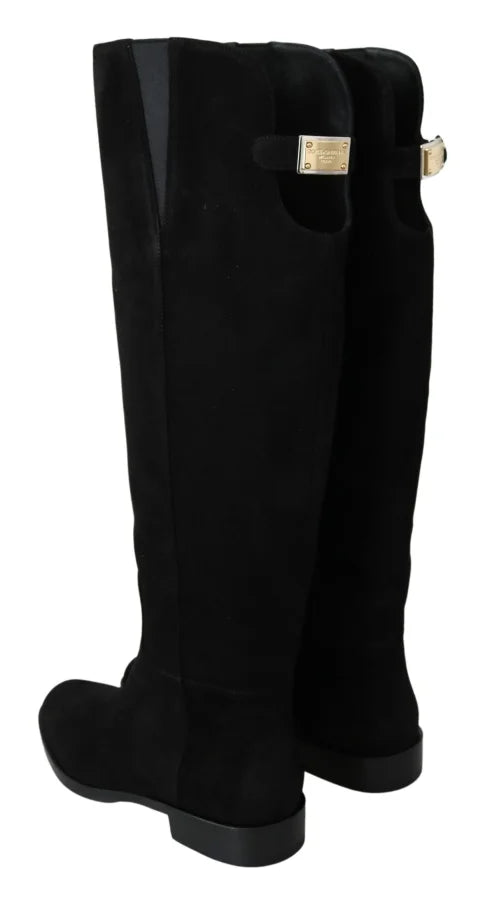 Dolce &amp; Gabbana Black Suede Knee High Flat Boots Shoes