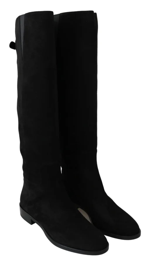 Dolce &amp; Gabbana Black Suede Knee High Flat Boots Shoes