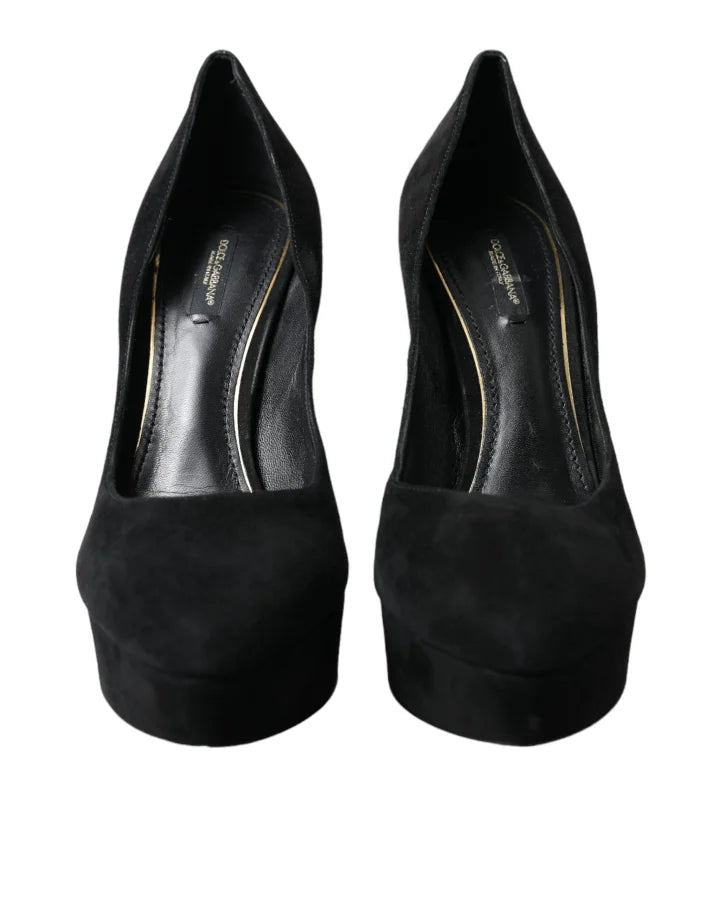 Dolce &amp; Gabbana Black Suede Leather Platform Heel Pumps Shoes