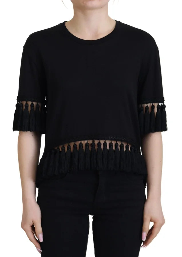 Dolce & Gabbana Black T-shirt Blouse Tassle Cotton