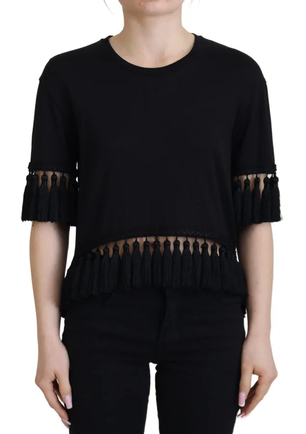 Dolce & Gabbana Black T-shirt Blouse Tassle Cotton