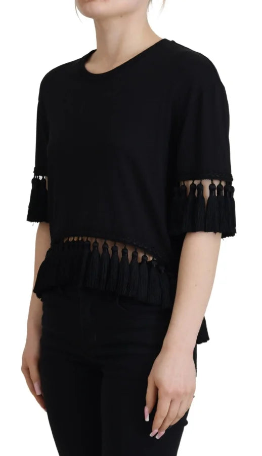 Dolce &amp; Gabbana Black T-shirt Blouse Tassle Cotton