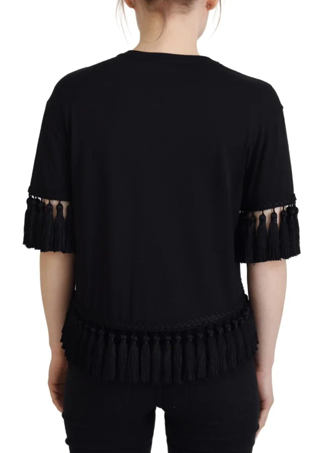 Dolce &amp; Gabbana Black T-shirt Blouse Tassle Cotton