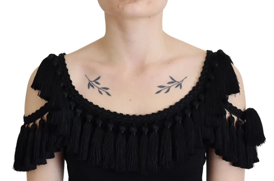 Dolce & Gabbana Black Tank Top Blouse Tassle Cotton