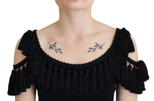 Dolce & Gabbana Black Tank Top Blouse Tassle Cotton