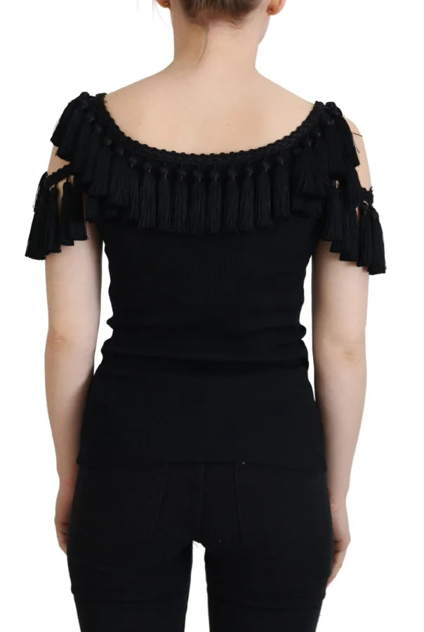 Dolce &amp; Gabbana Black Tank Top Blouse Tassle Cotton
