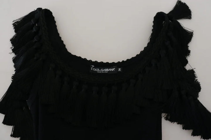 Dolce &amp; Gabbana Black Tank Top Blouse Tassle Cotton