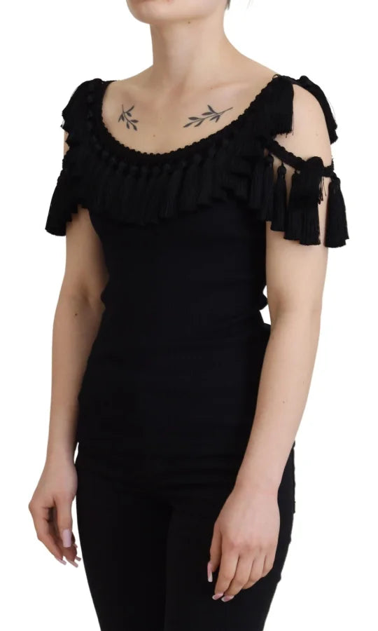 Dolce &amp; Gabbana Black Tank Top Blouse Tassle Cotton