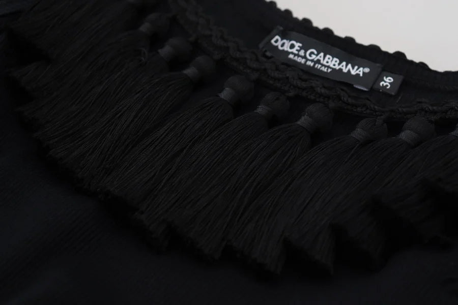 Dolce &amp; Gabbana Black Tank Top Blouse Tassle Cotton