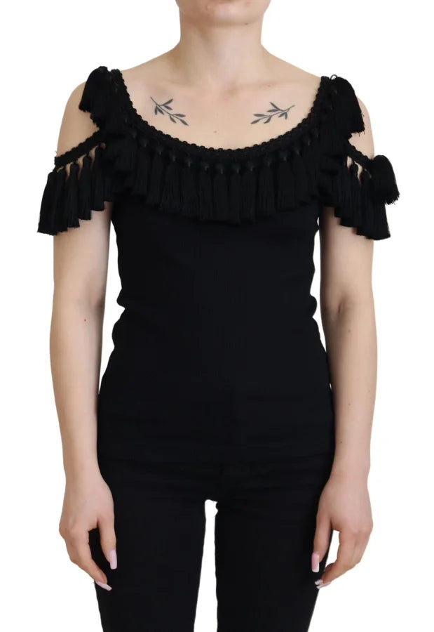 Dolce & Gabbana Black Tank Top Blouse Tassle Cotton