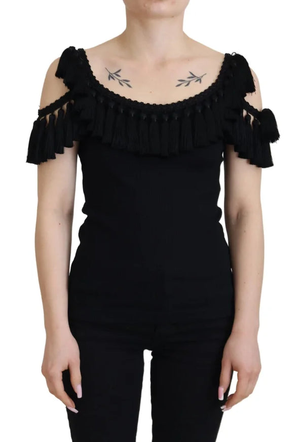 Dolce & Gabbana Black Tank Top Blouse Tassle Cotton