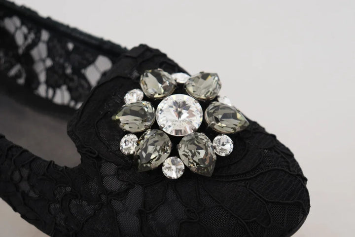 Dolce &amp; Gabbana Black Taormina Lace Crystals Flats Shoes