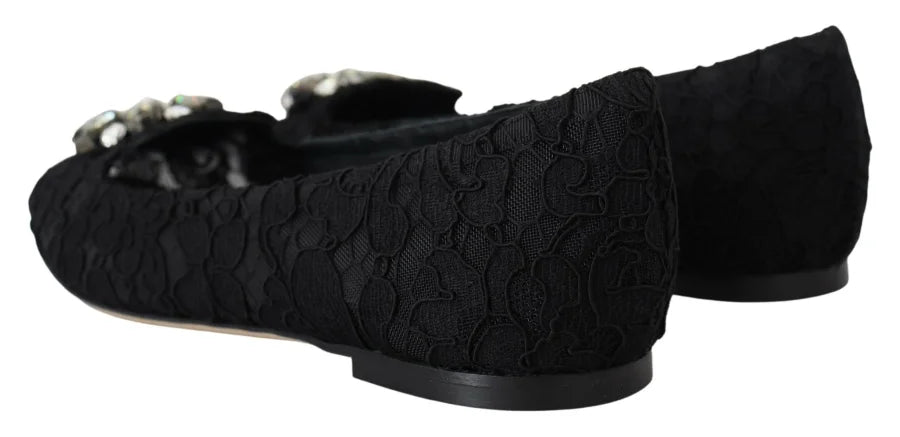 Dolce &amp; Gabbana Black Taormina Lace Crystals Flats Shoes